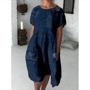Traditional Japanese Sashiko Art Linen Blend Navy Blue Midi Dress M